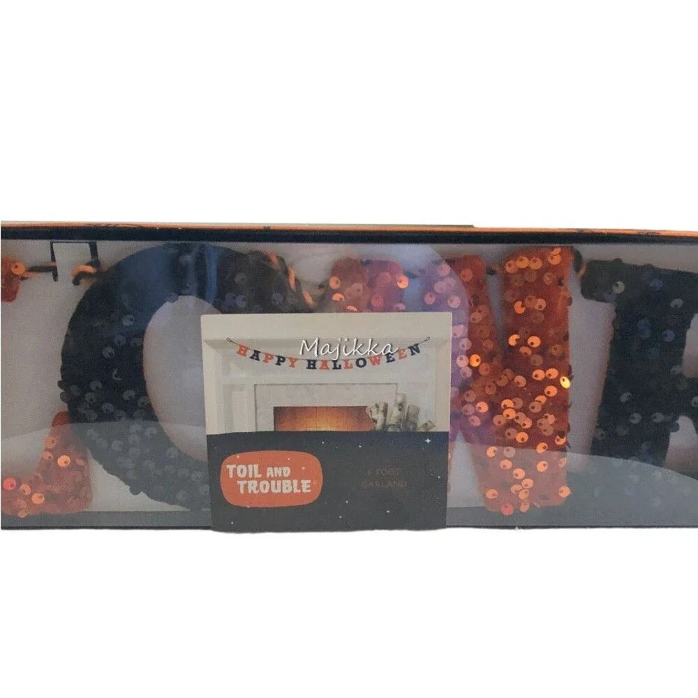 Toil & Trouble Halloween Banner 6' Long Garland Sequin Velvet Black Orange
